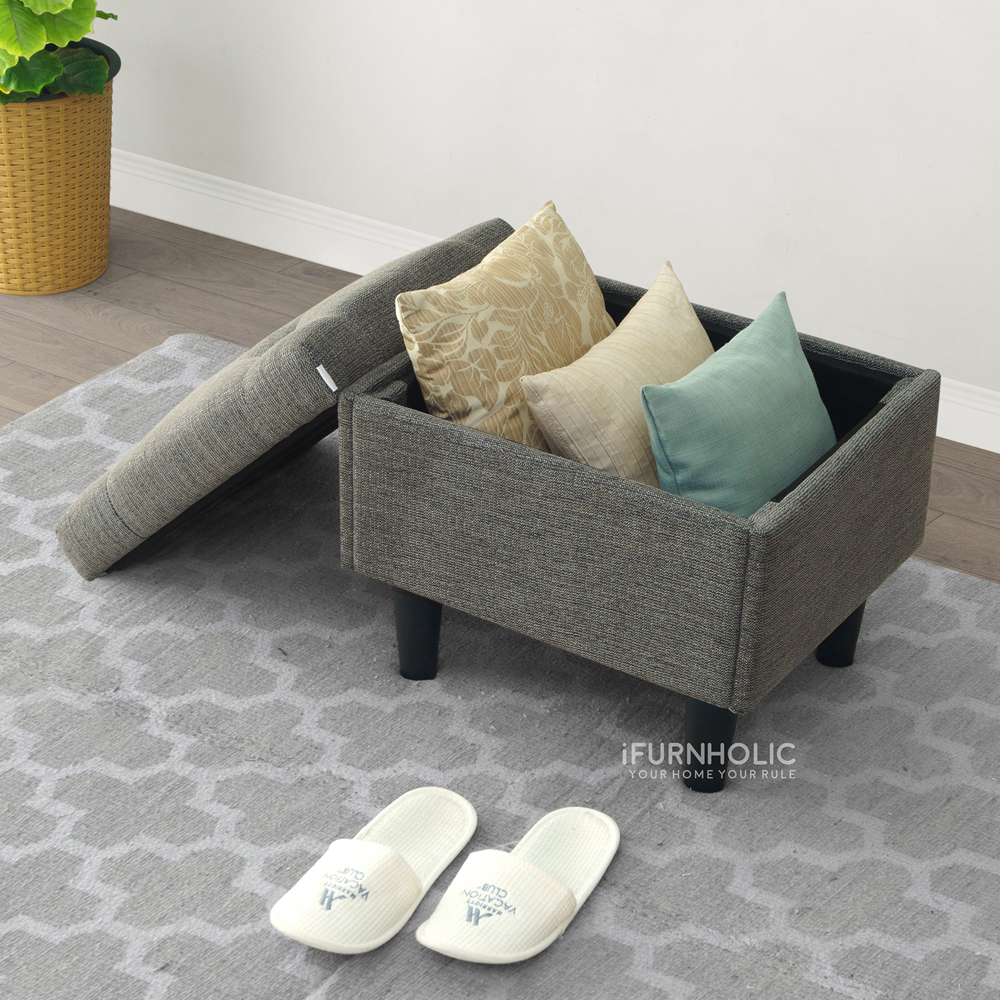 iFURNHOLIC Sabrina Storage Stool I Bangku dengan tempat simpan | Kursi Rias Minimalis | Ottoman Kotak | Footrest Minimalis - Abu Abu
